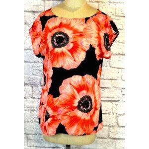 Banana Republic Short Sleeve Poppy Patterned Floral Top Blouse Shirt Coral SMALL